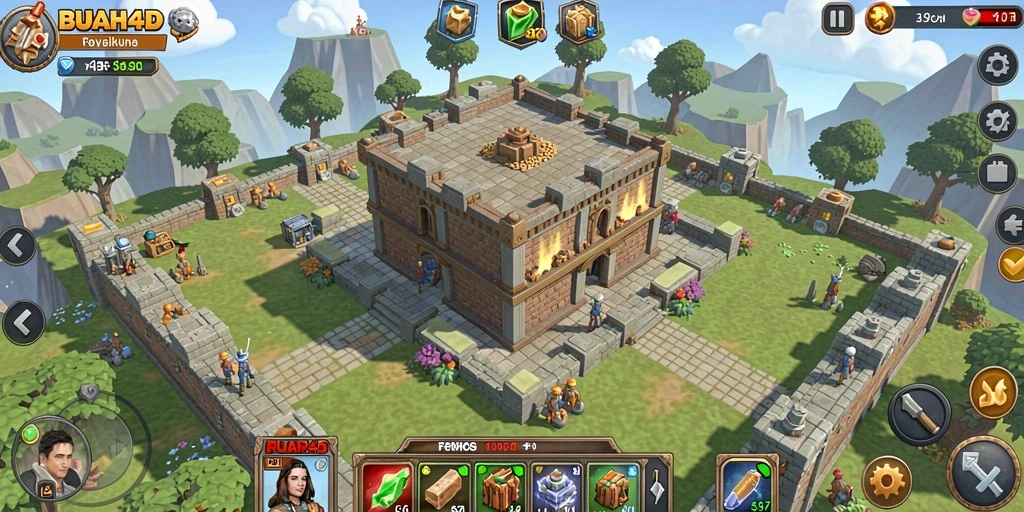 Tampilan gameplay menarik dalam BUAH4D, menampilkan menara dan musuh yang berbeda.