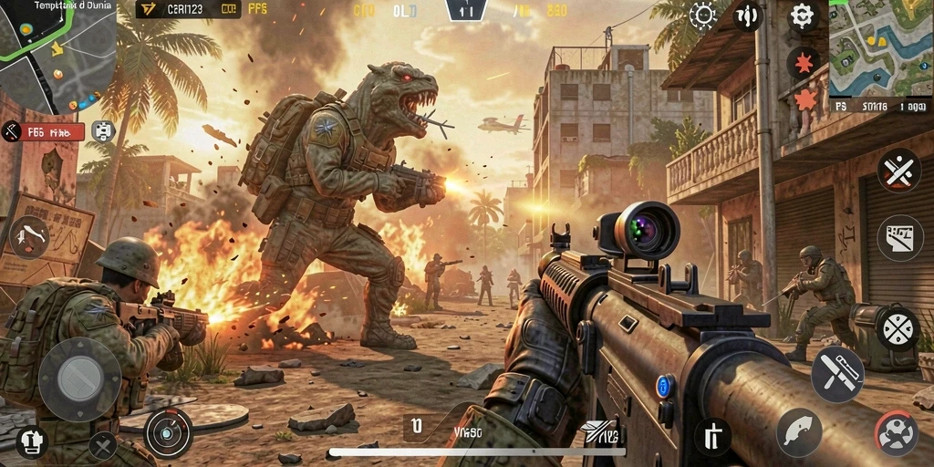 Screenshot gameplay CERI123 menampilkan aksi tembak-menembak yang mendebarkan.