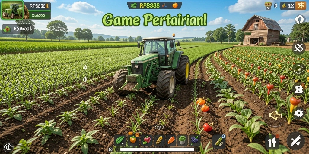 Tampilan gameplay menarik dengan ladang pertanian yang luas dan hewan ternak.